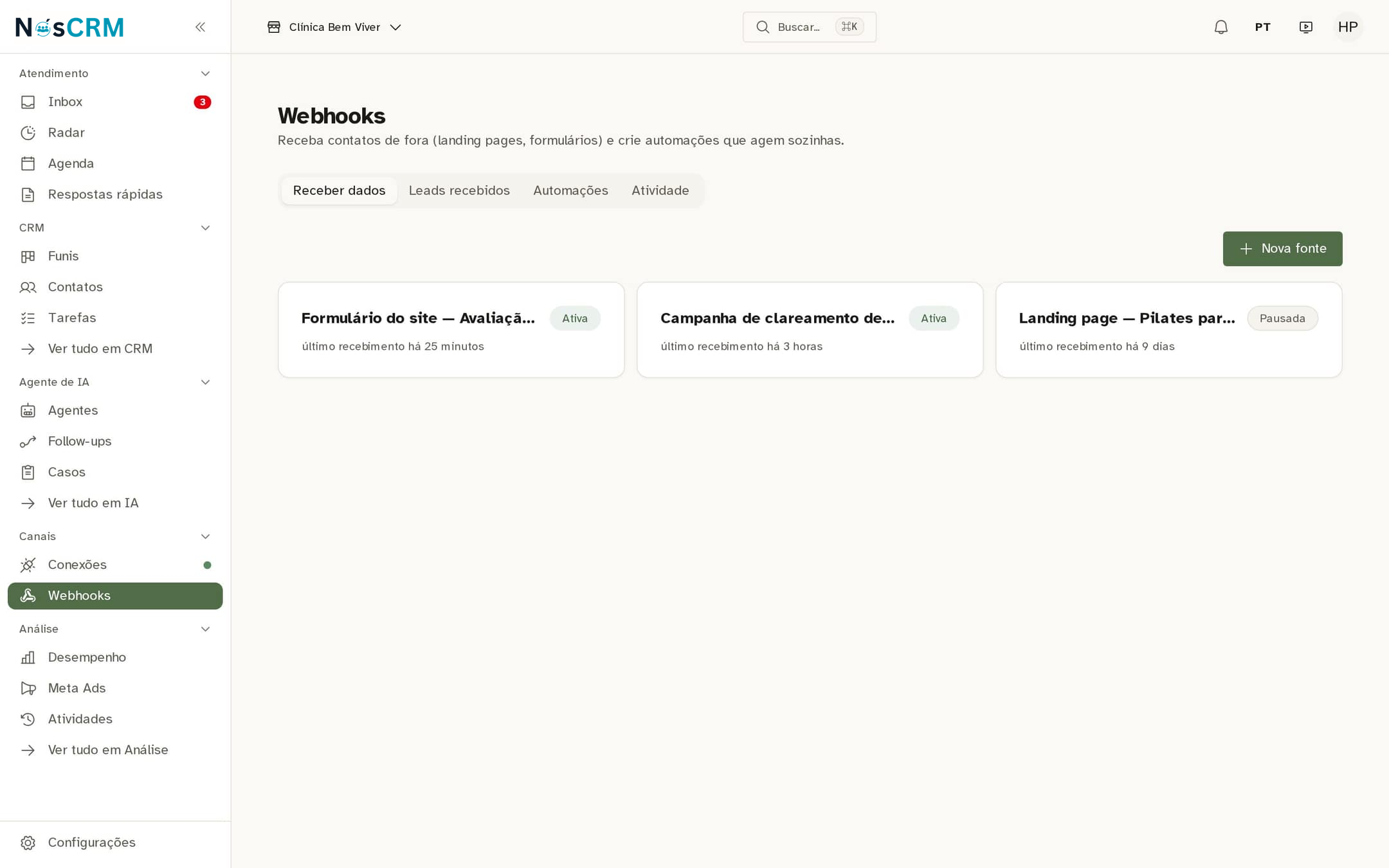 Tela de referência NósCRM: Começar uma fonte