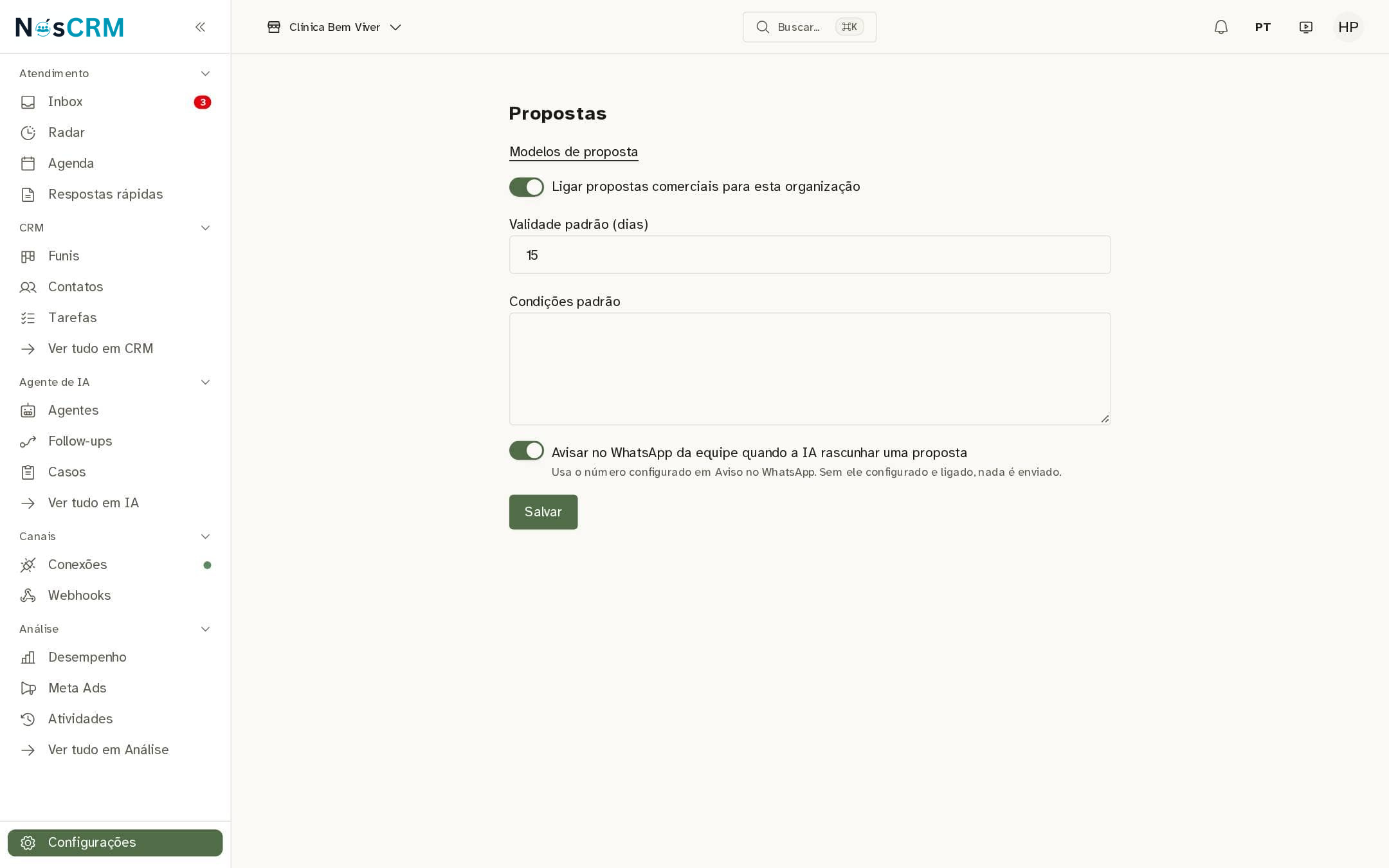 Tela de referência NósCRM: Os dois campos de padrão