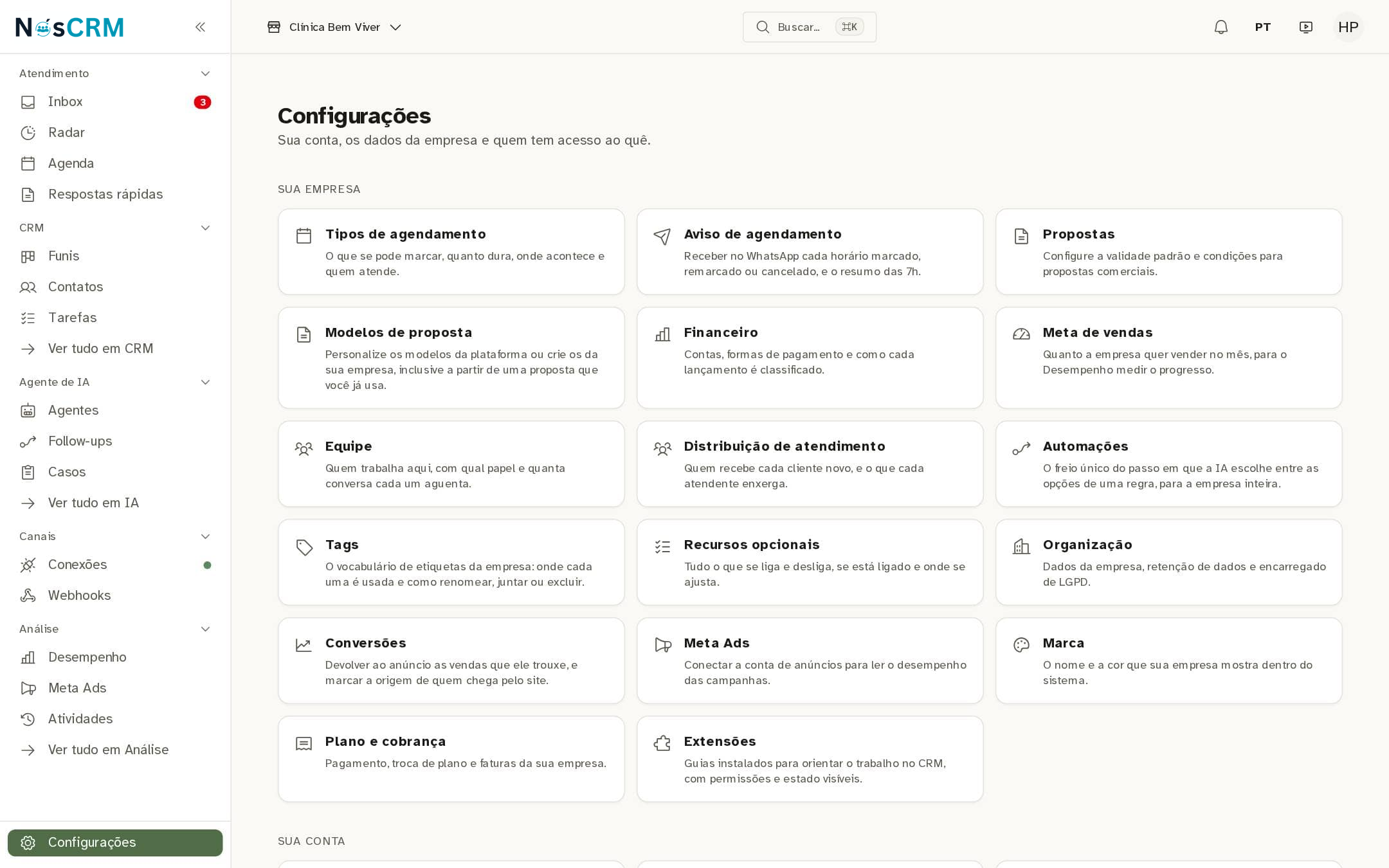Tela de referência NósCRM: Os modelos moram em Configurações
