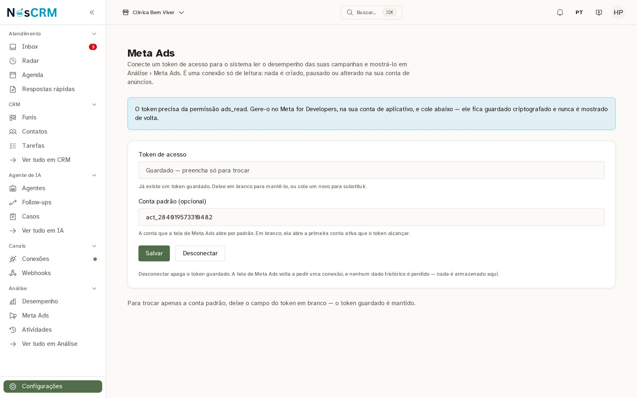 Tela de referência NósCRM: Com a conta já ligada