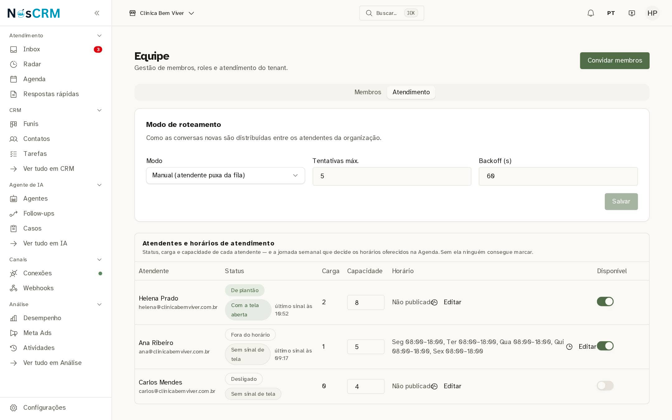Tela de referência NósCRM: A aba Atendimento