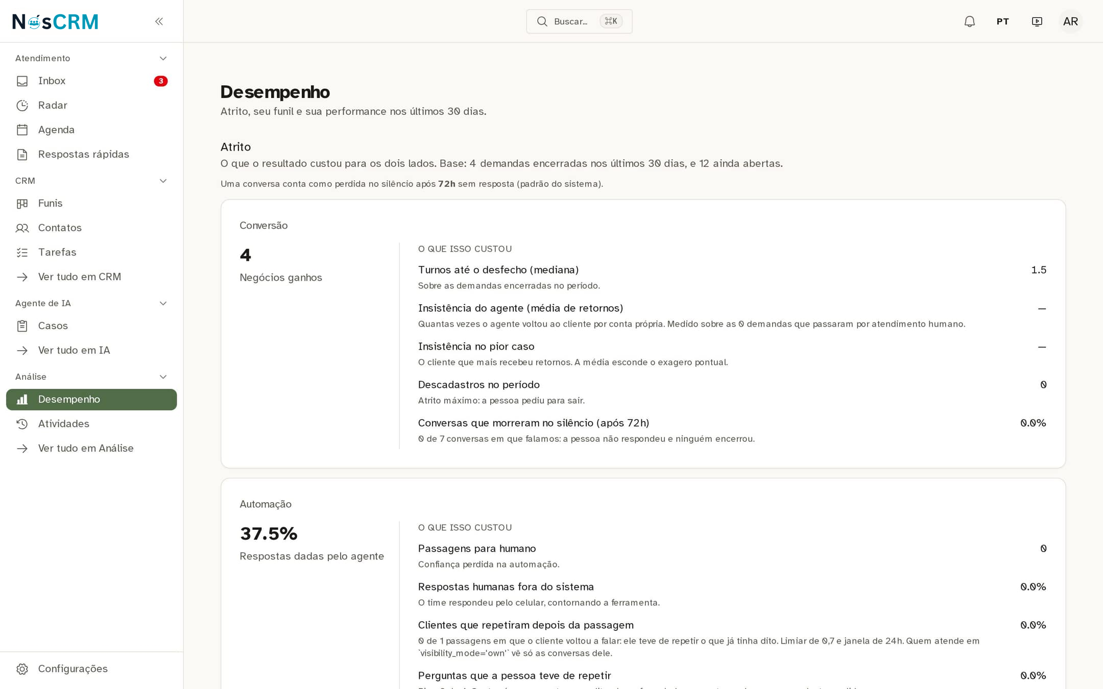 Tela de referência NósCRM: A tela para um atendente