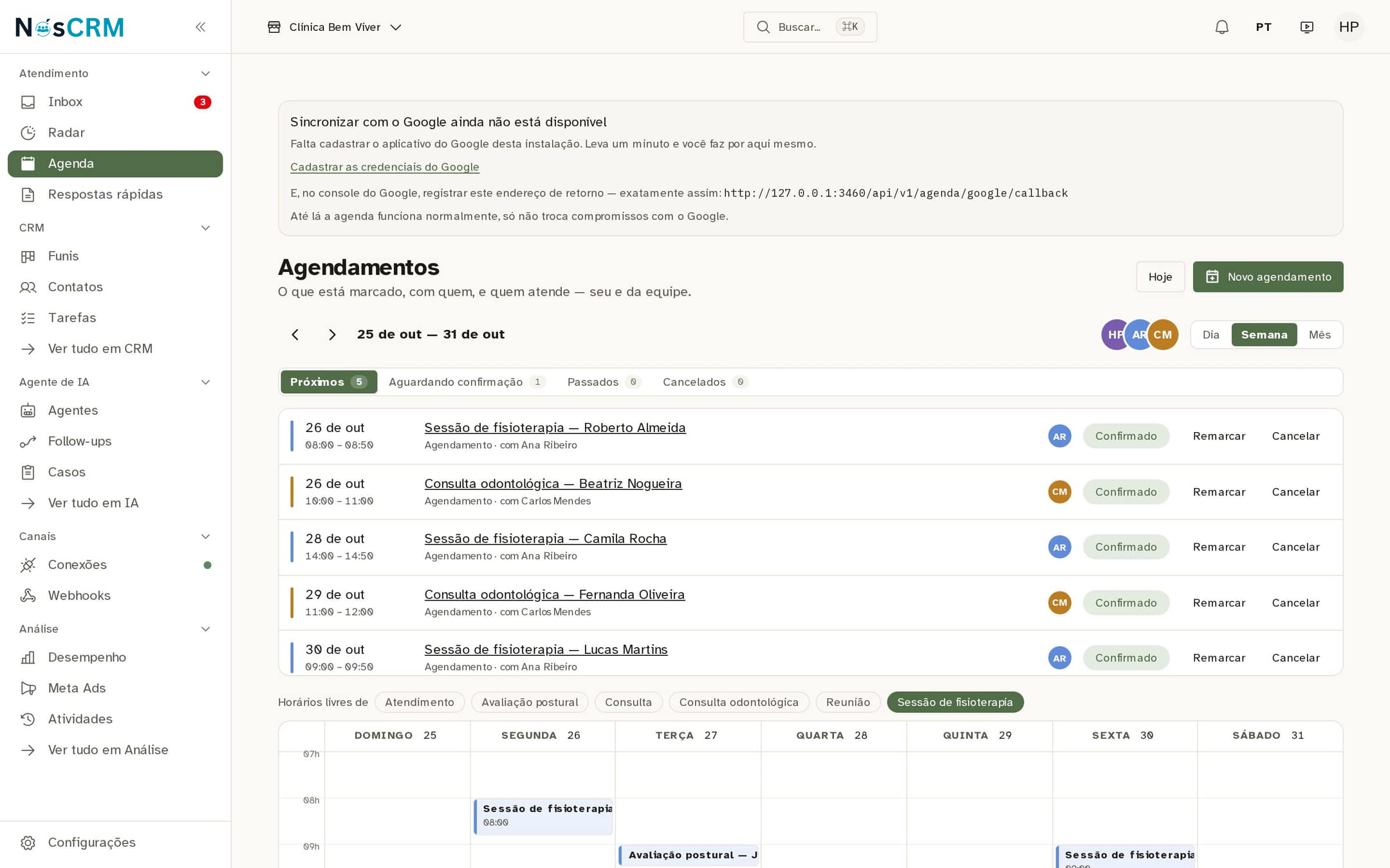 Tela de referência NósCRM: Remarcar e Cancelar na lista