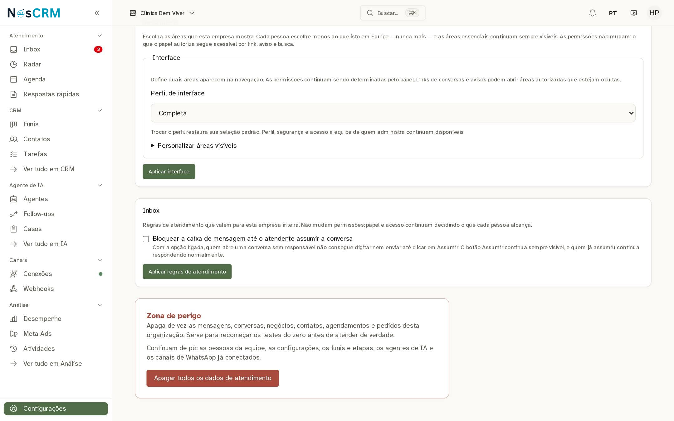 Tela de referência NósCRM: O que a Zona de perigo faz