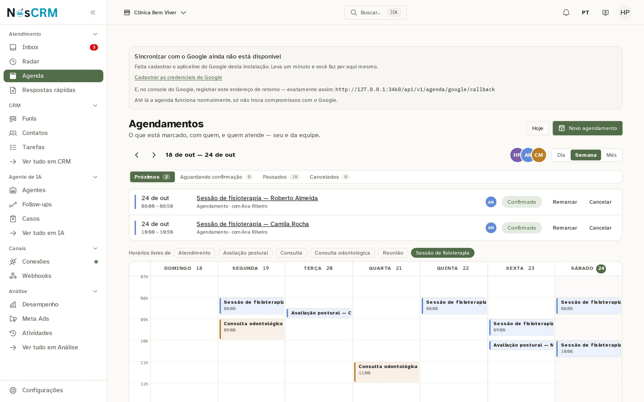 Tela de referência NósCRM: O botão Novo agendamento