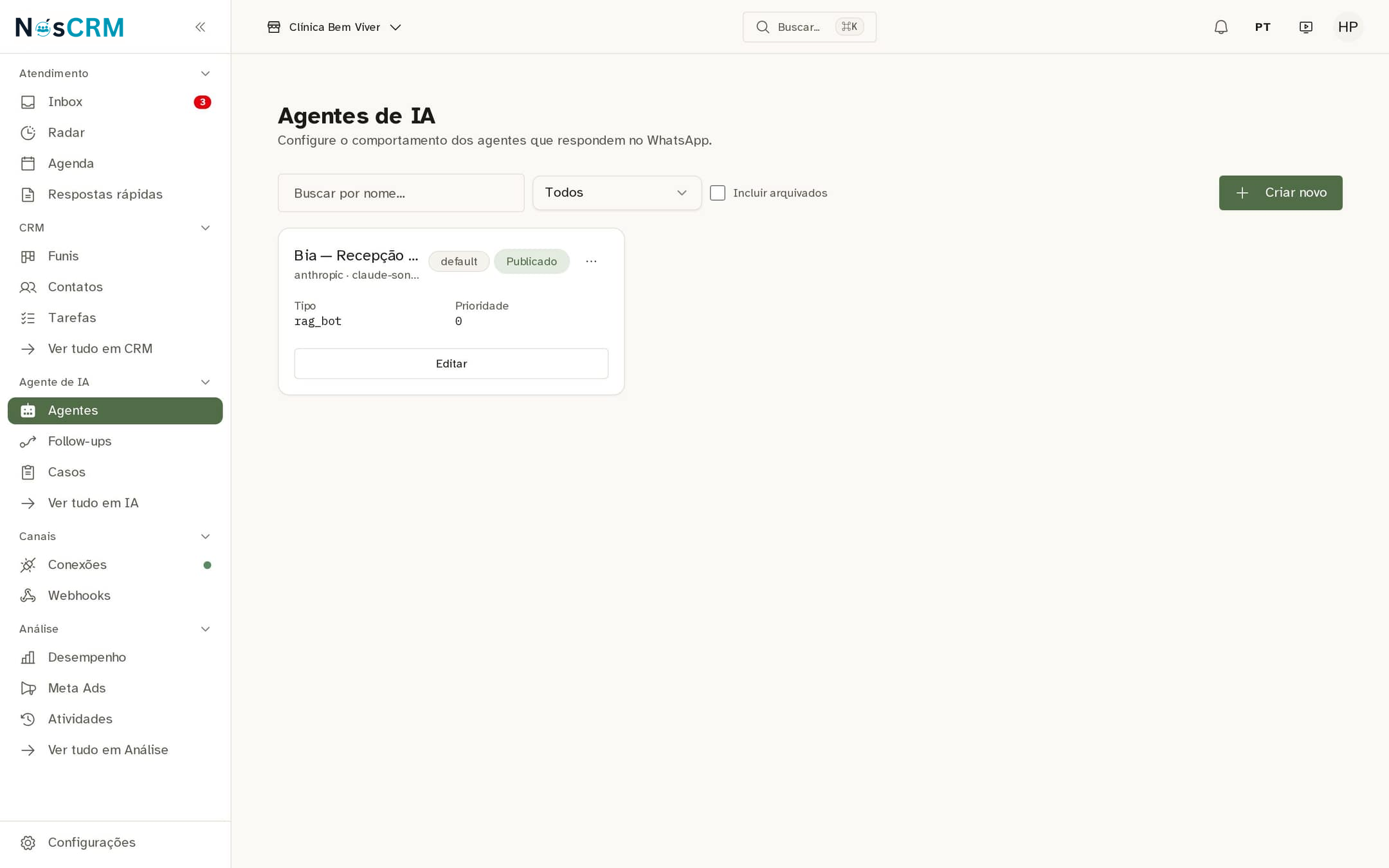 Tela de referência NósCRM: Um cartão para cada agente