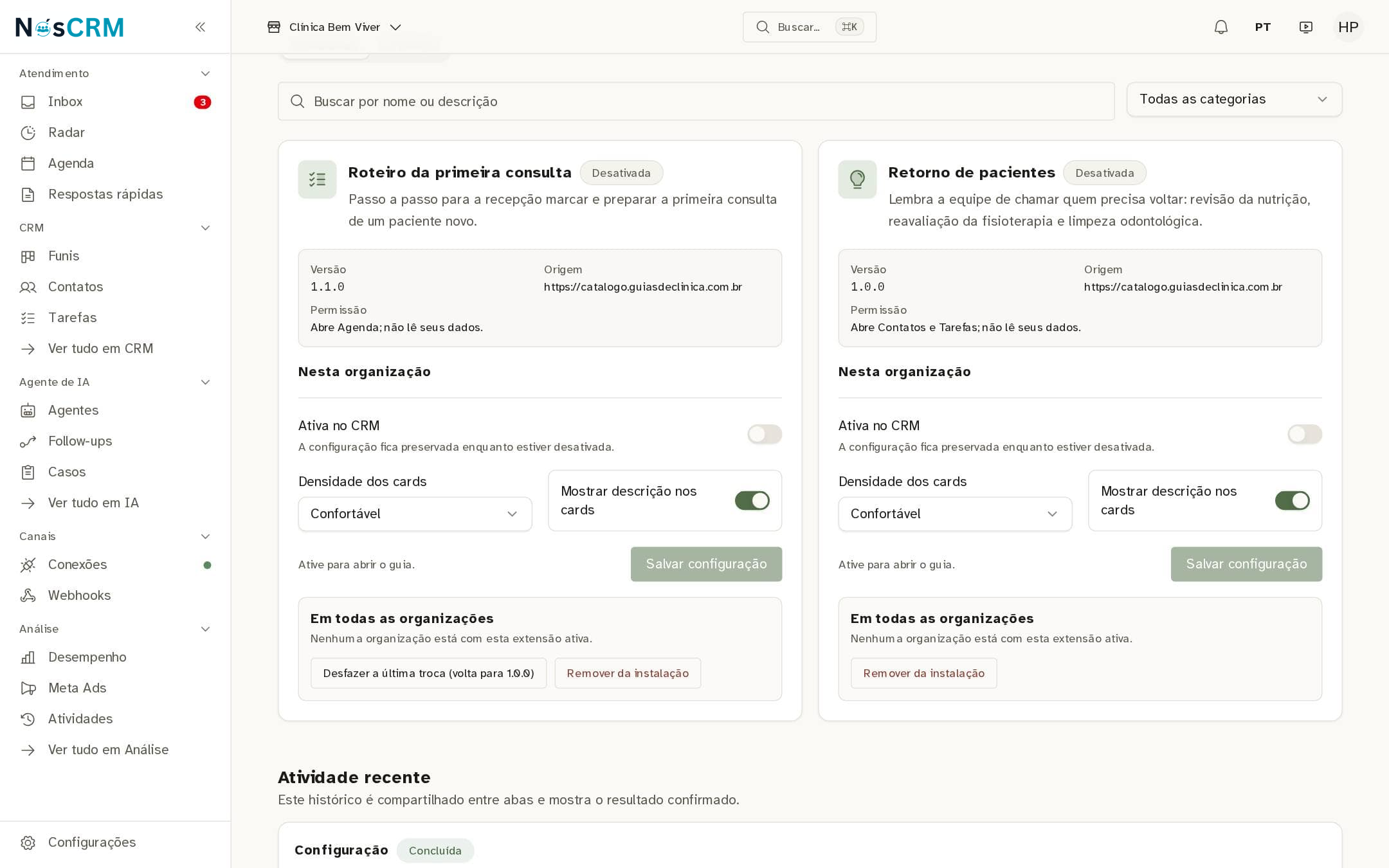 Tela de referência NósCRM: Ligar a extensão