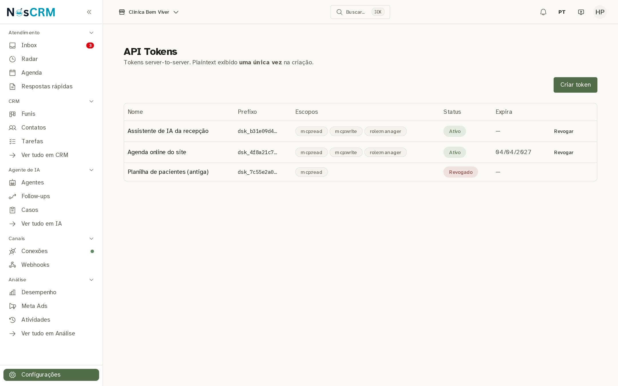 Tela de referência NósCRM: Começar uma chave nova