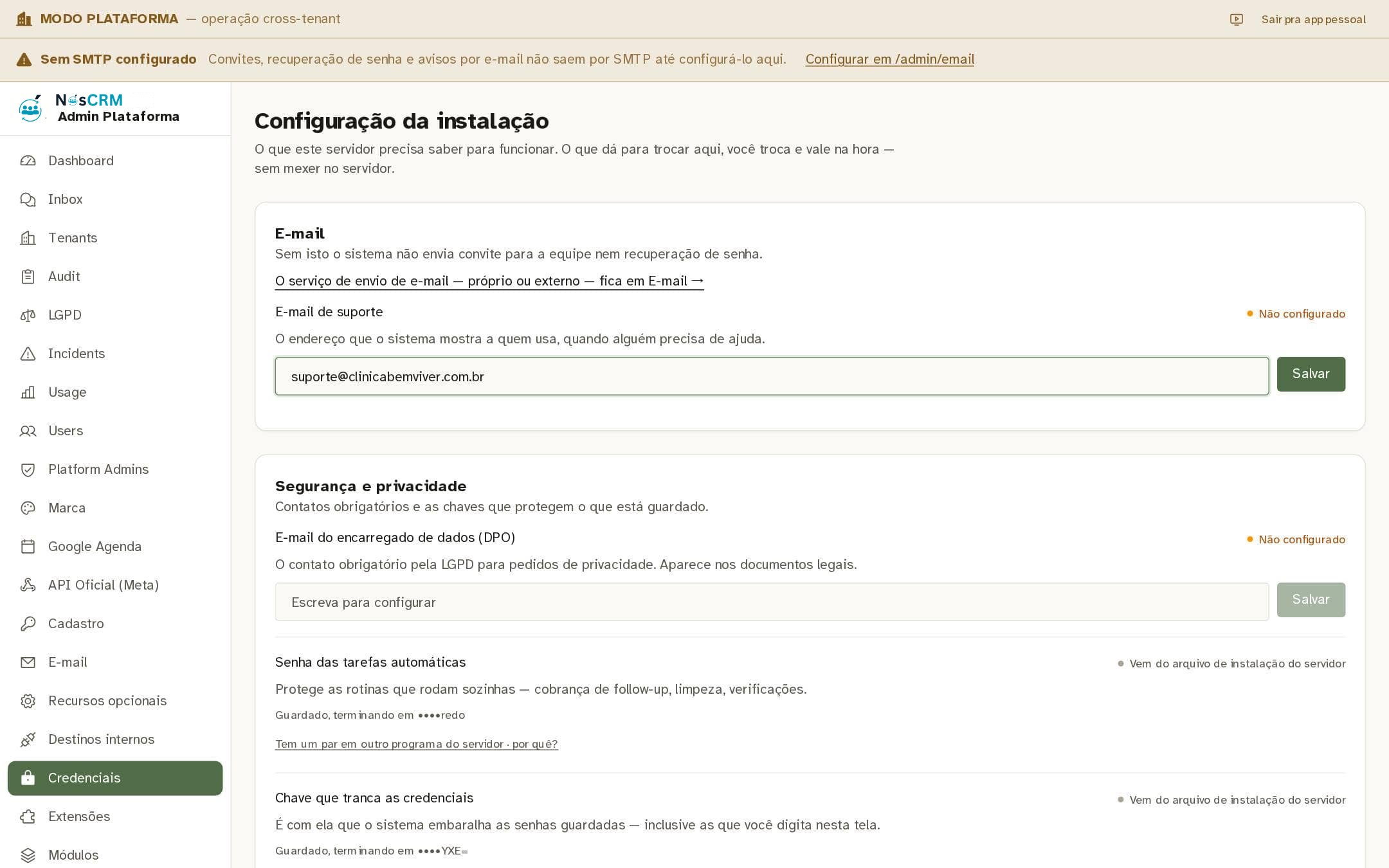 Tela de referência NósCRM: O e-mail de suporte