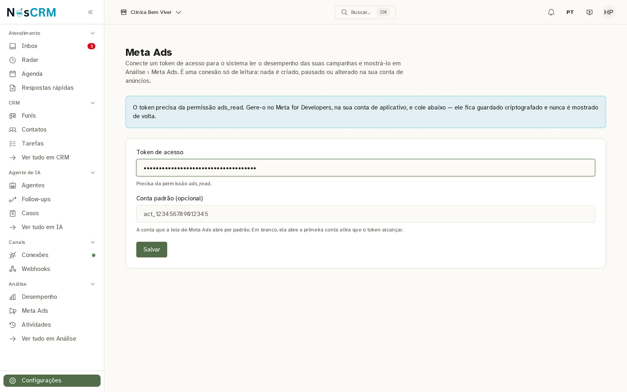 Tela de referência NósCRM: Cole o token