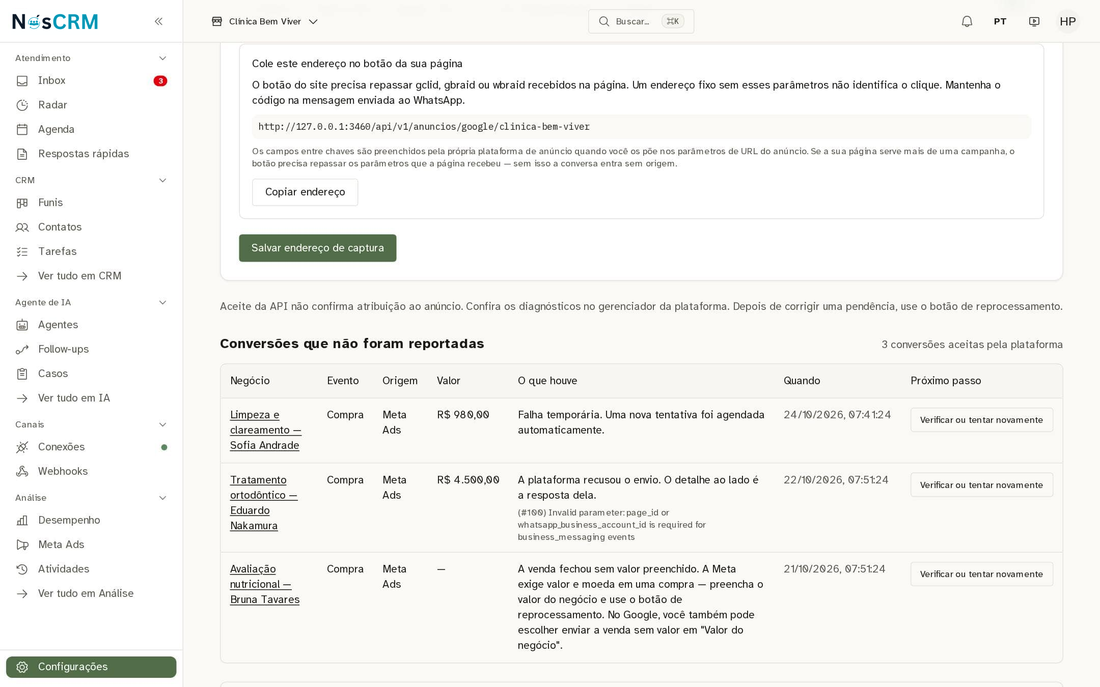 Tela de referência NósCRM: A lista do que não chegou