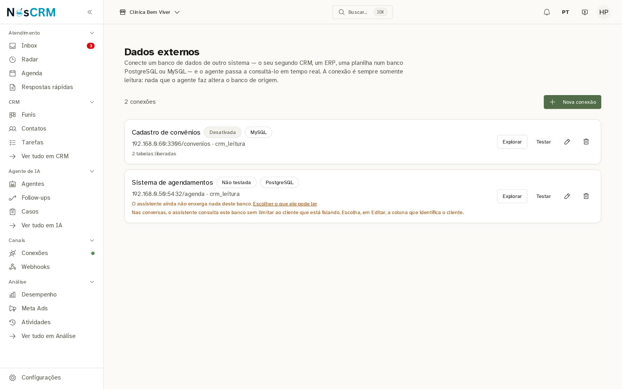 Tela de referência NósCRM: Começar uma conexão