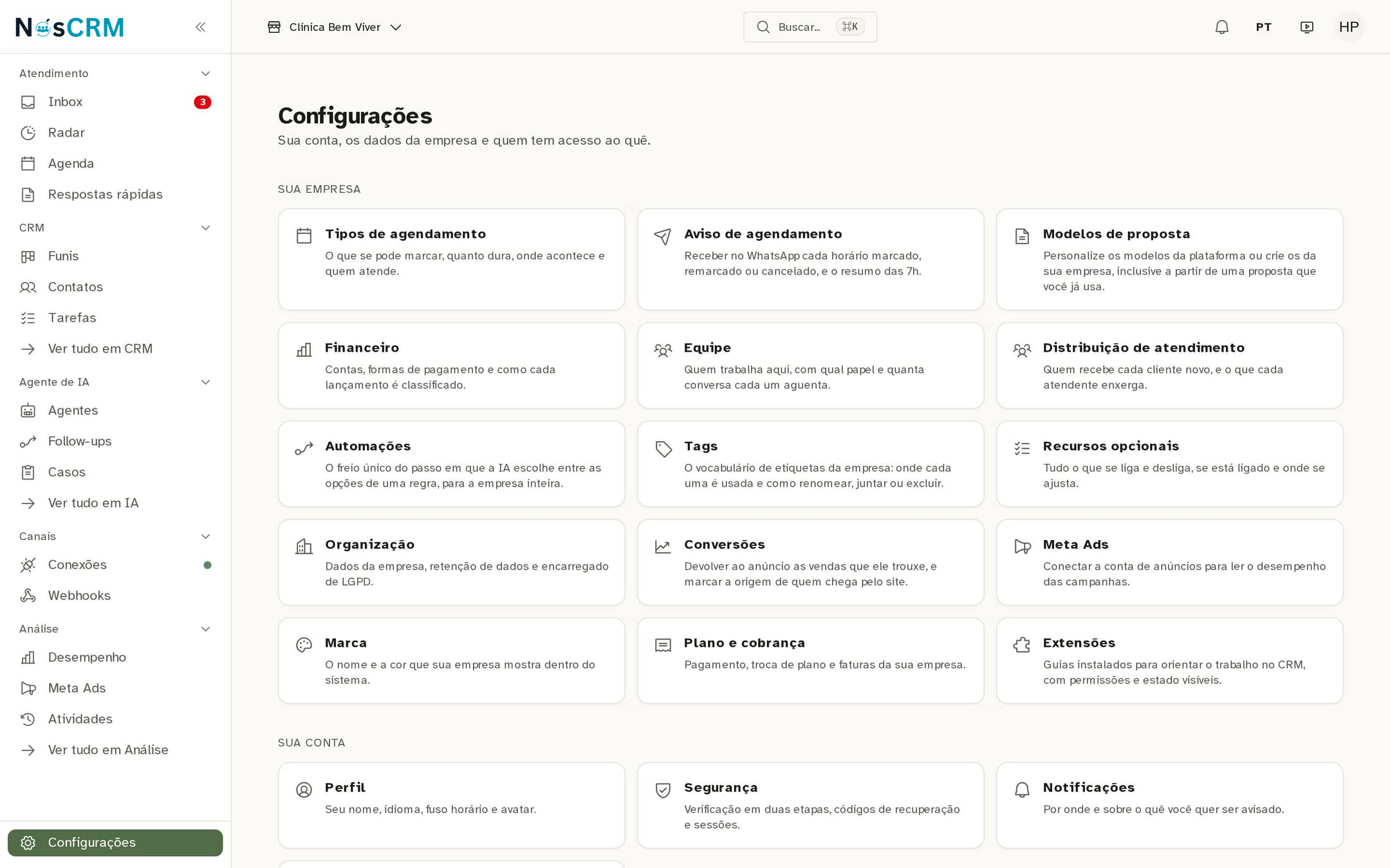 Tela de referência NósCRM: Pelo caminho das Configurações
