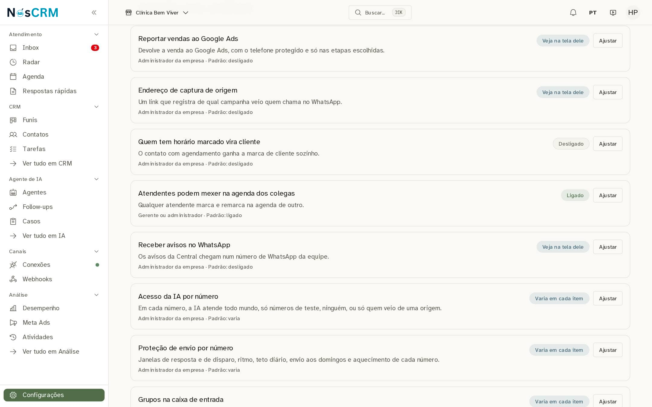 Tela de referência NósCRM: Ligado e Desligado