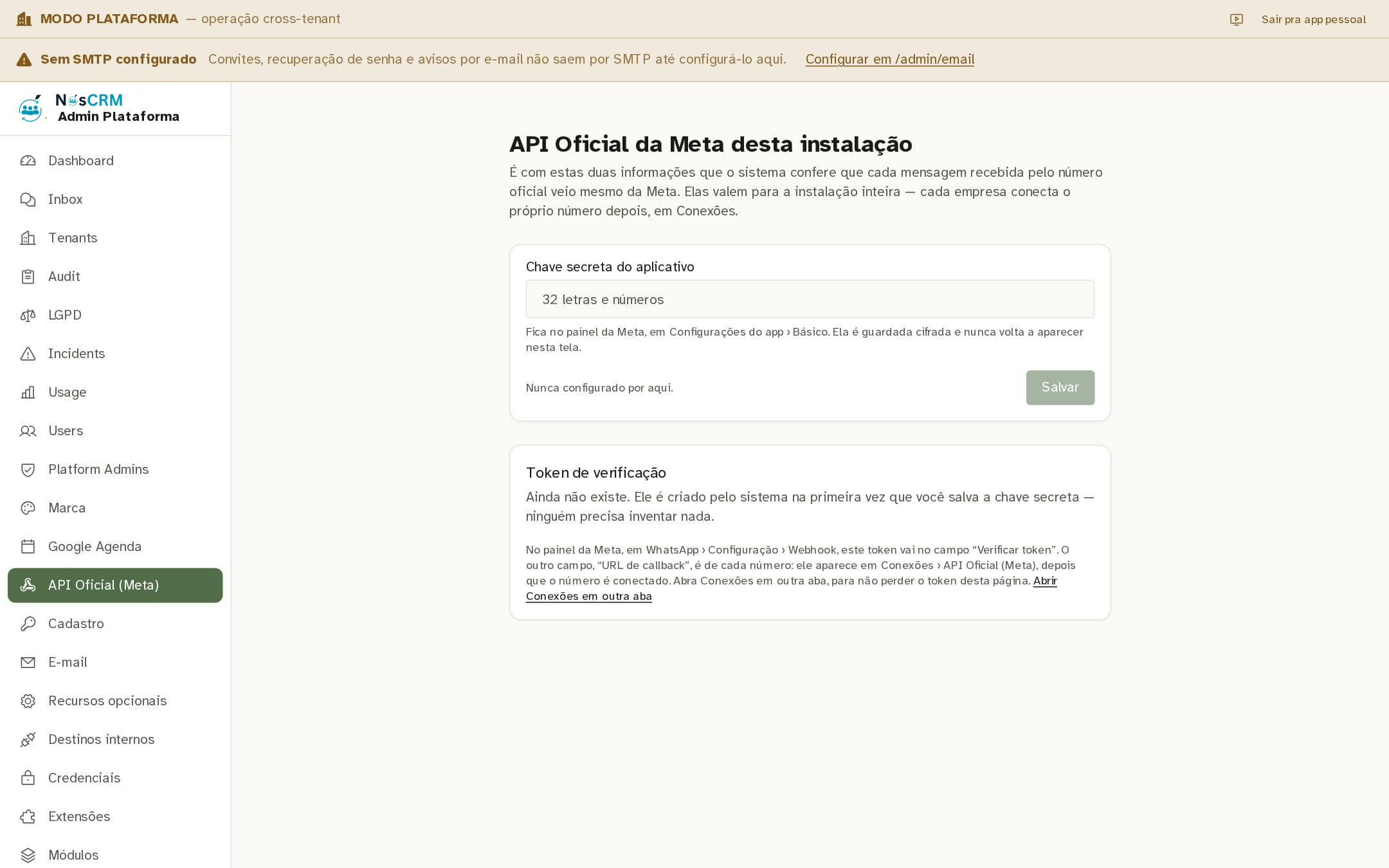 Tela de referência NósCRM: Onde achar a chave secreta