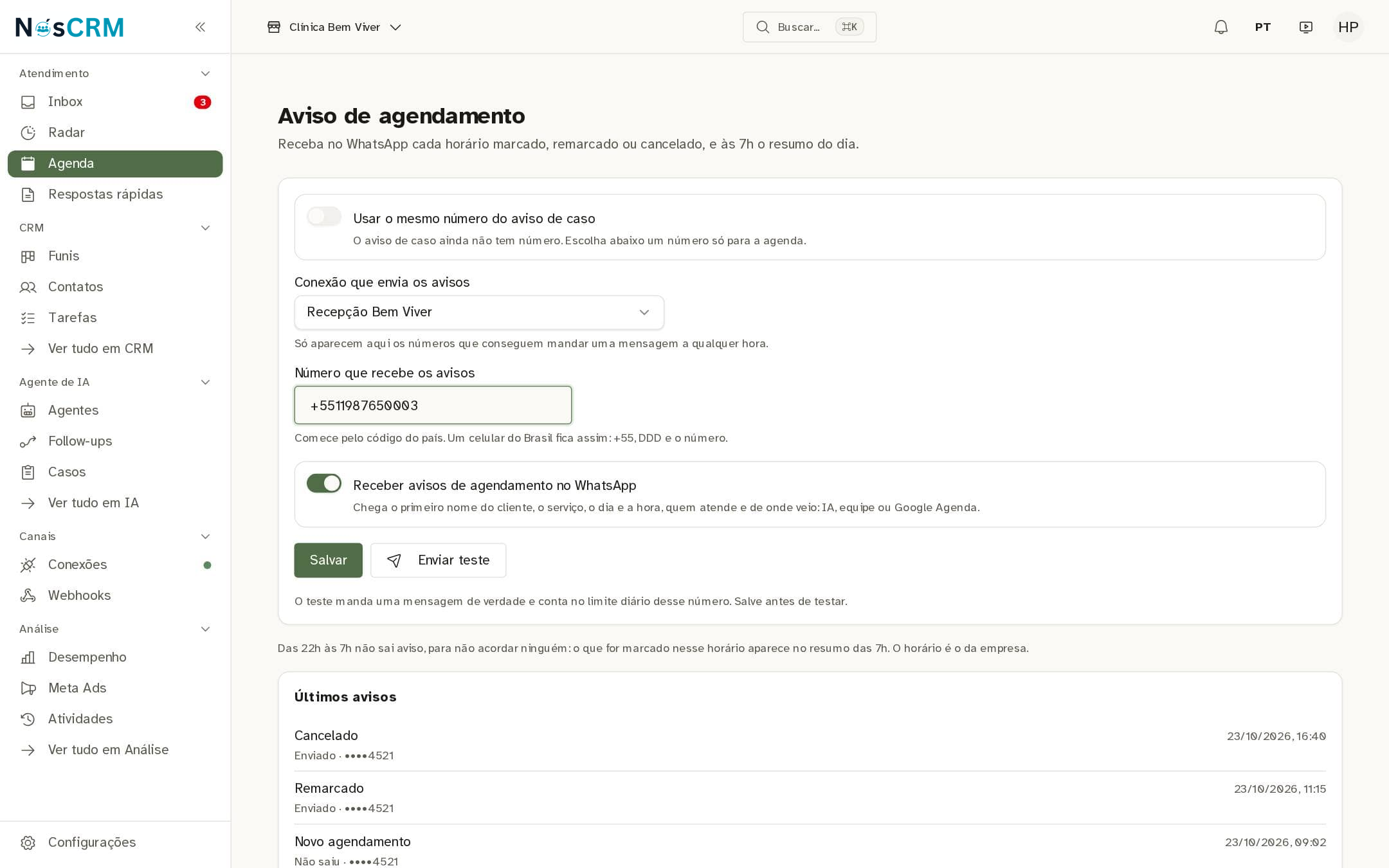 Tela de referência NósCRM: Um número que já é de cliente
