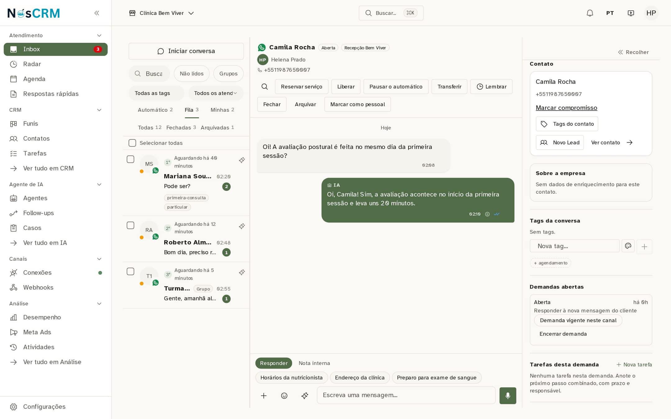 Tela de referência NósCRM: Calar o robô numa conversa sua
