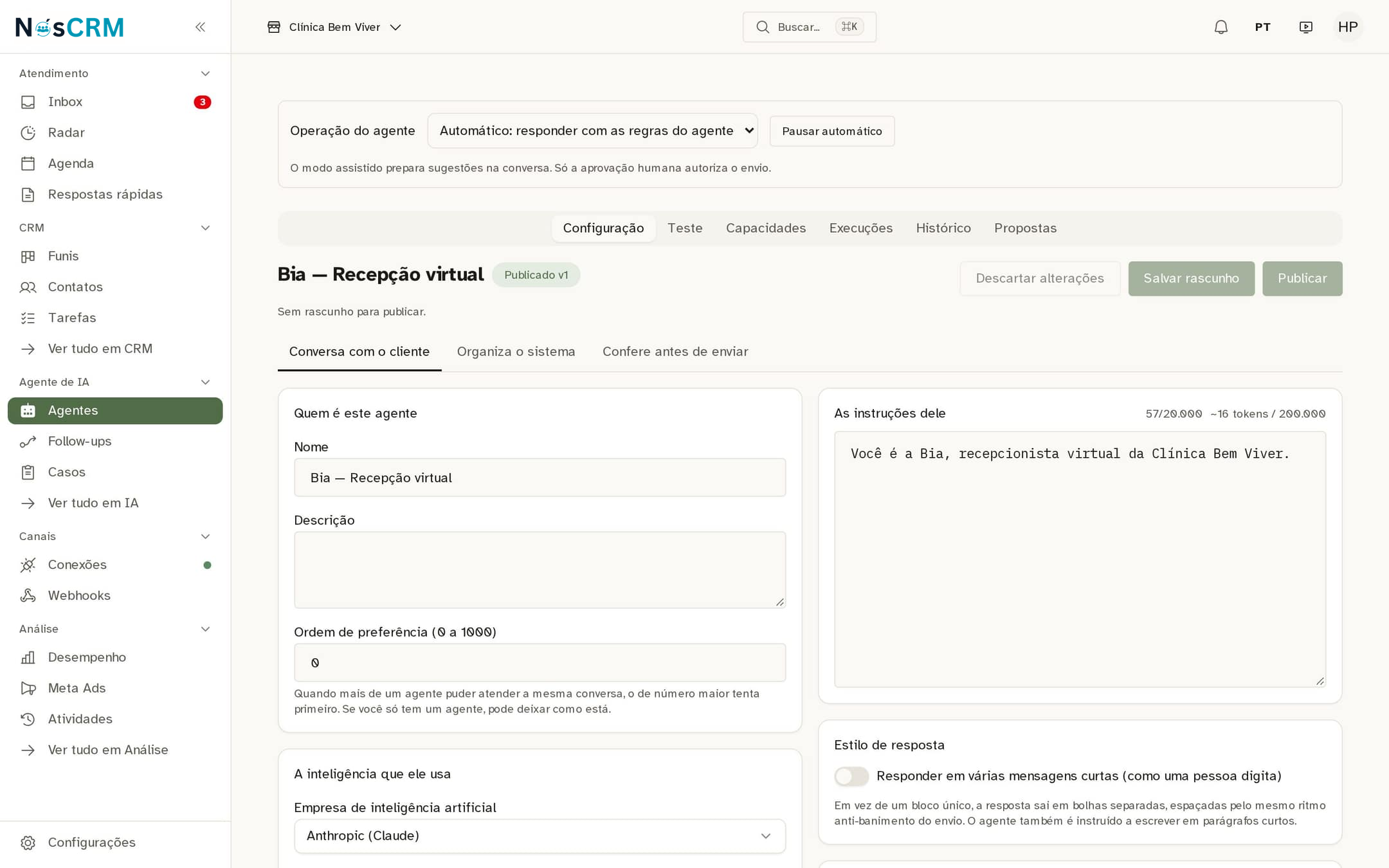 Tela de referência NósCRM: Automático ou assistido