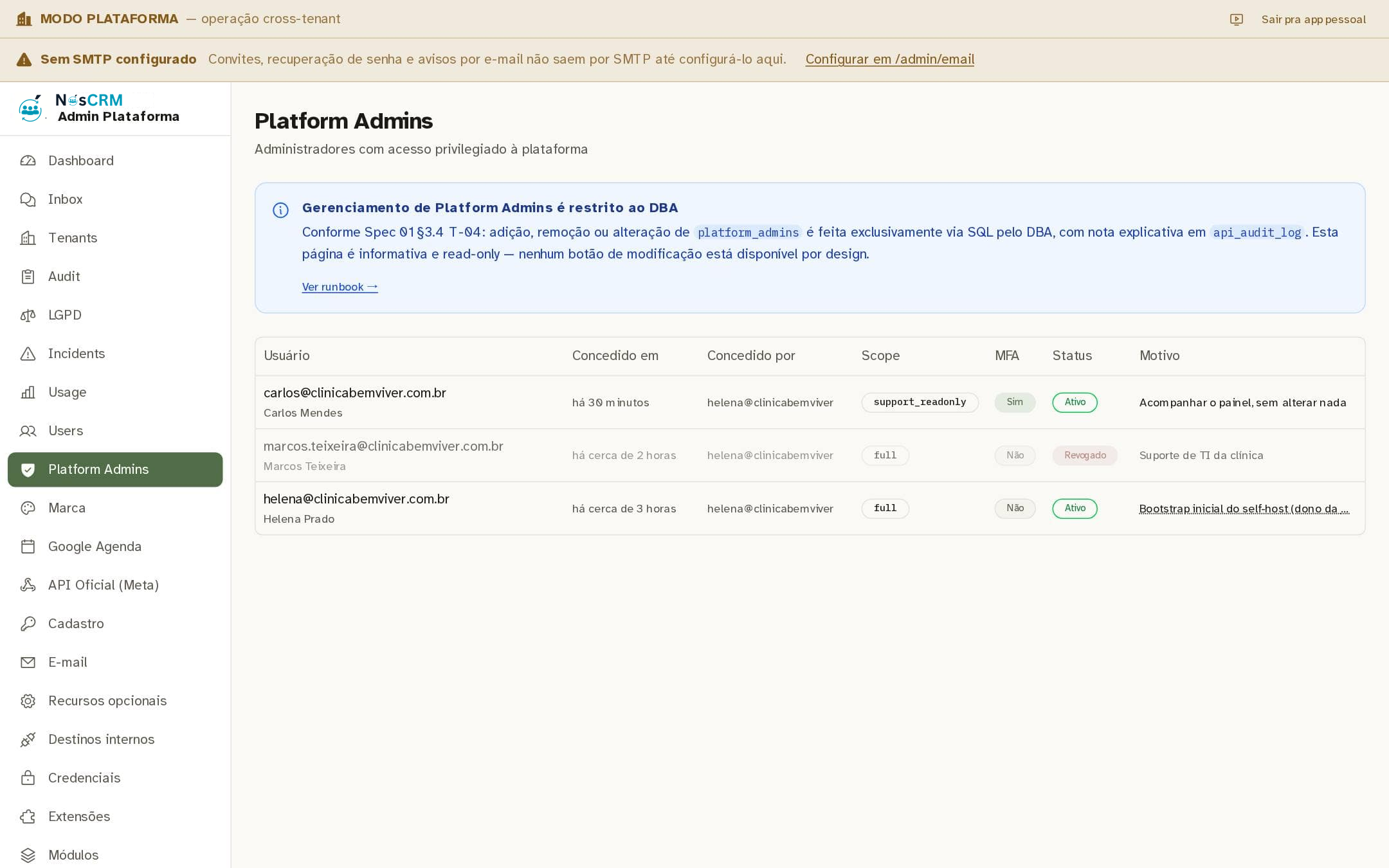 Tela de referência NósCRM: A lista de quem tem a chave do Admin
