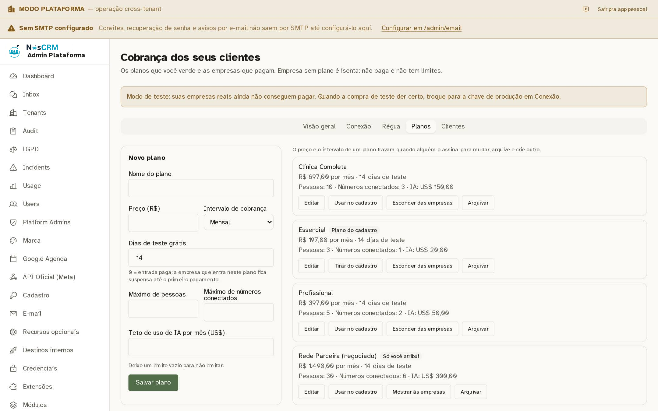 Tela de referência NósCRM: A lista de planos