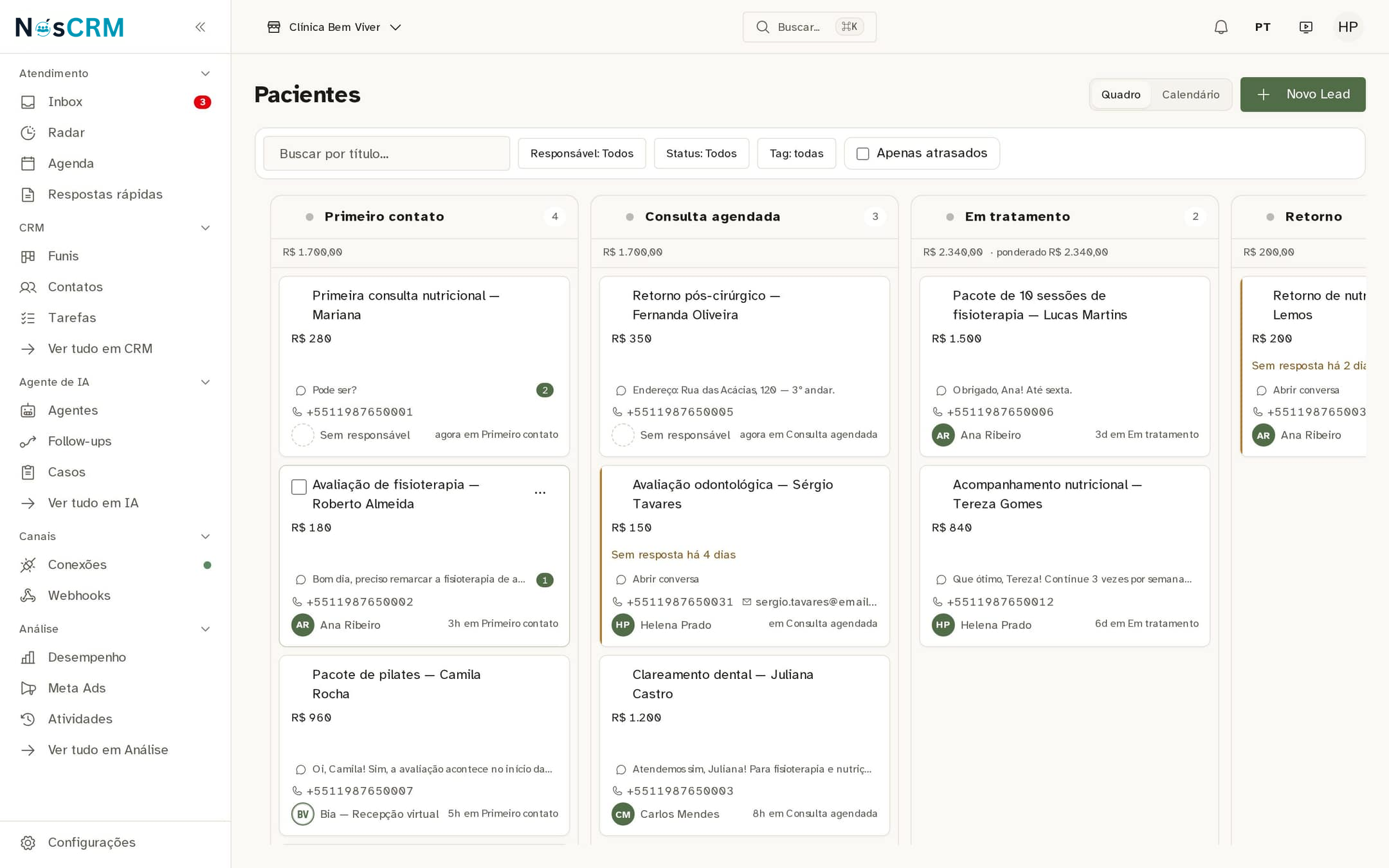 Tela de referência NósCRM: Arrastar muda a etapa